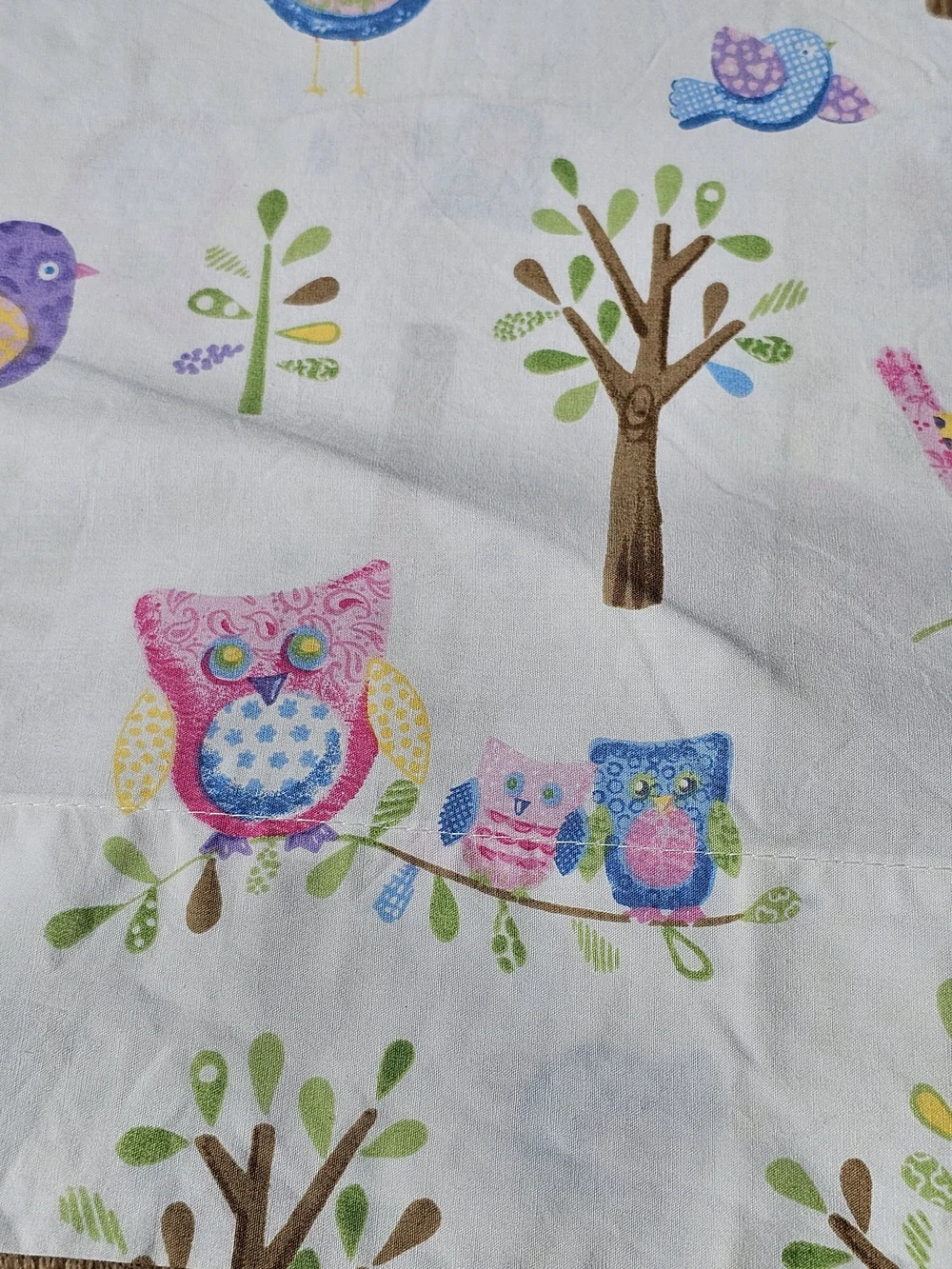 Pottery Barn Kids Toddler Flat & Fitted Cotton Sheet with Pastel Birds & Owls